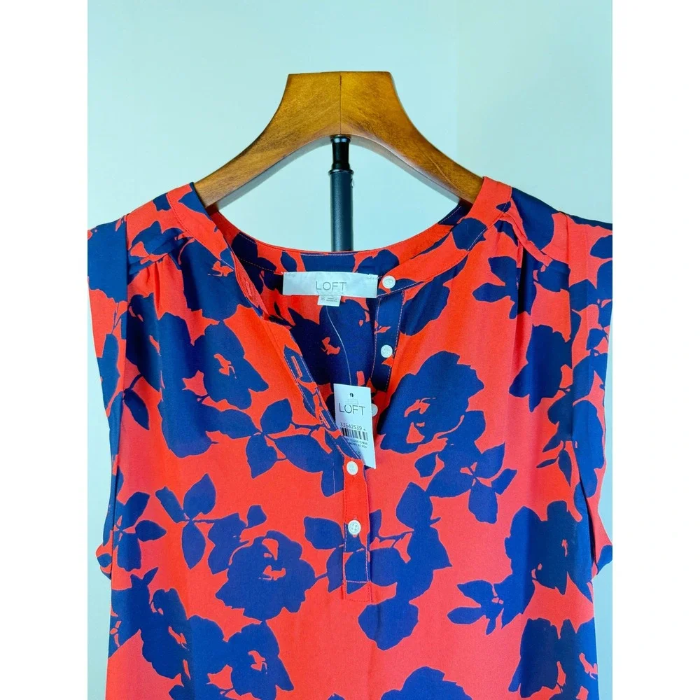 Loft Women Tunic Blouse XS NEW Red Blue Sheer Relax Fit Sleeveless Spring Summer - Picture 2 of 11